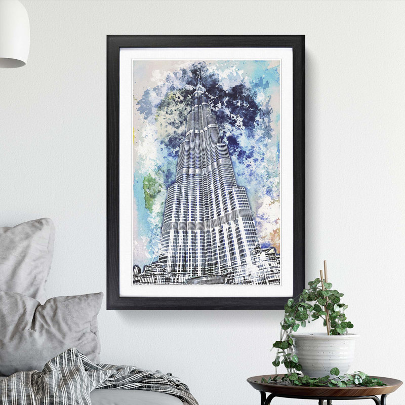 Burj Khalifa Skyscraper Dubai in Abstract - Picture Frame Painting Print, 36cm H x 27cm W x 2cm D, Black Framed