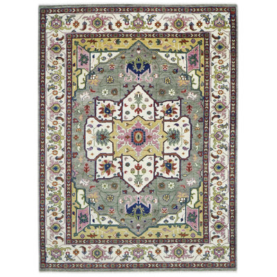 10x14'1" Hand Knotted Wool Ivory Oushak Harija Rug