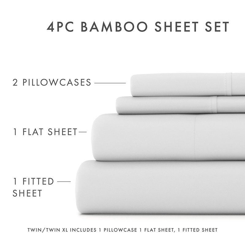 Sheet Set 100% Rayon From Bamboo Silky Soft Bedding, King Sheet Set with 2 Pillowcases, Light Gray