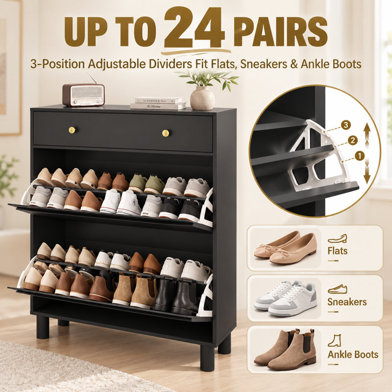 24 Pair Shoe Storage Cabinet with 2 Flip Drawers and Top Drawer, Black