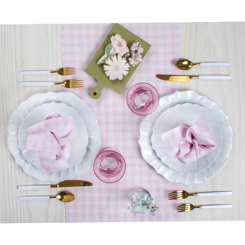 Gingham Checks - 100% Pure Linen Table Runner, Marshmellow Pink, 144" x 14"
