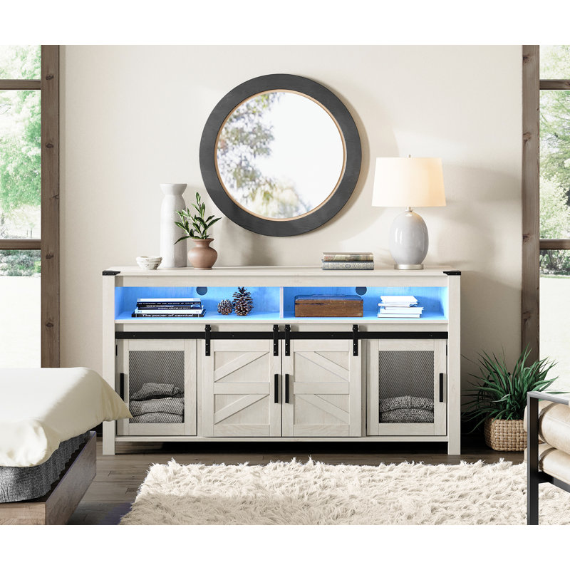 Thullen Unfinished TV Stand for TVs up to 65", Antique White/Blue Light