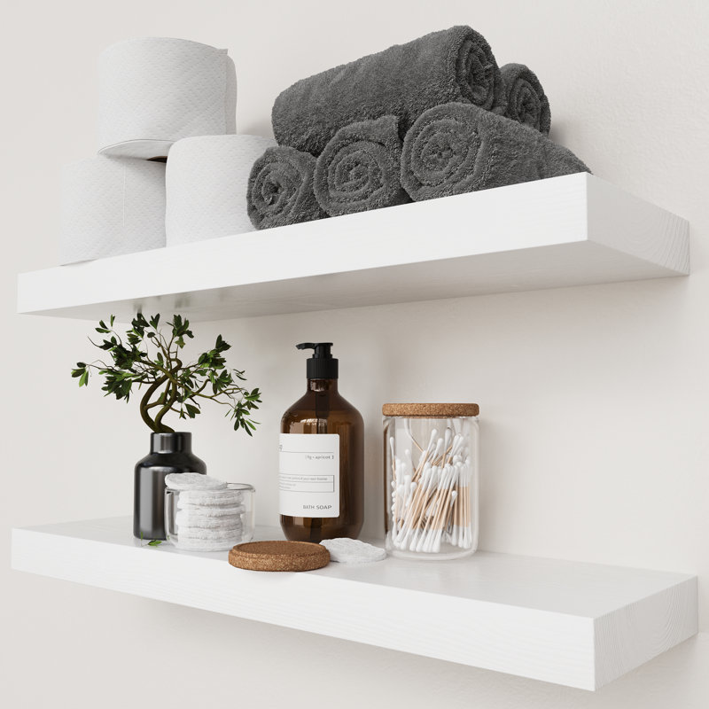  Tablettes flottantes en bois massif, tablettes en bois pour le rangement mural, Blanc, 1.2" H x 24" W x 6.7" D