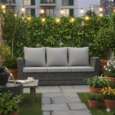 67.7" 3-Seat All-Weather Wicker Patio Sofa with Thick Gray Cushions, Black Frame