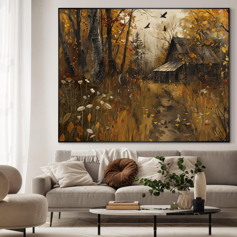 «Rustic Autumn Cabin Landscape Cozy Woodland Illustration Extra Large», reproduction d'art encadrée (assemblage requis)