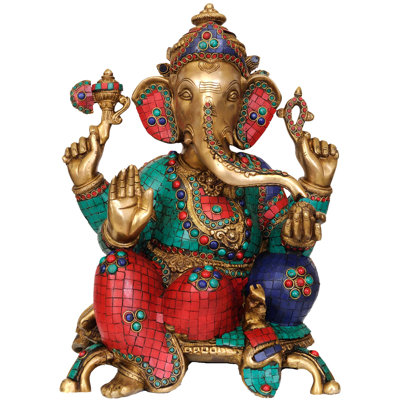 Handmade Brass Lord Ganesha Seated on Chowki – 18 Inch Indian Idol with Inlay, Polished Brass, Auspicious Statement for Altar, Entryway, Festive Décor