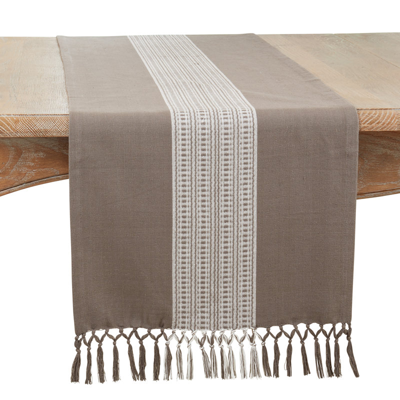 Gray and Brown Cotton Table Runner with Fringed Edges