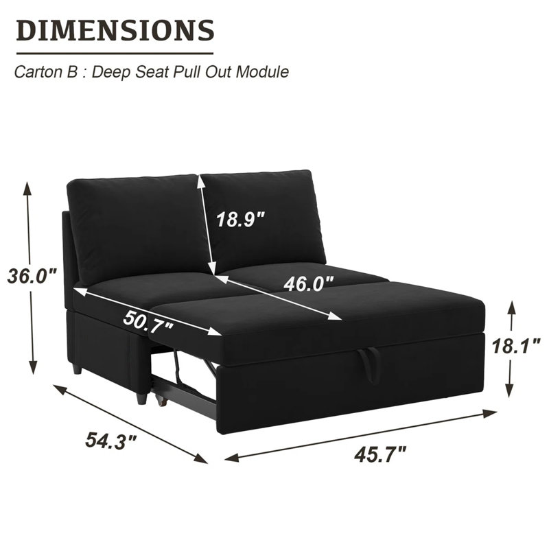 Rafael Armless Pullout Sleeper Sofa Module, Black Velvet