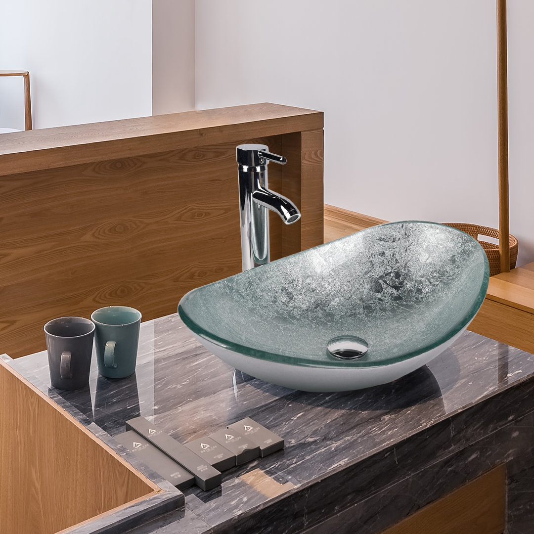 Bathroom Wash Basin Bowl, Tempered Glass Countertop Sink With Tap Waste Set