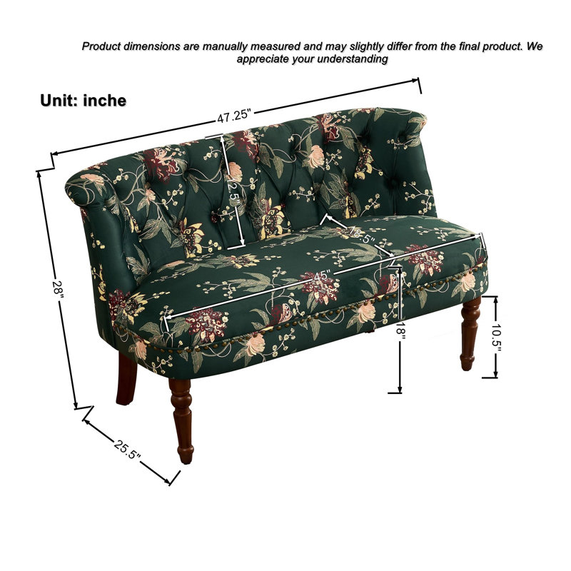 Fauteuil d'appoint rembourré à motif floral vert, dossier capitonné et pieds en bois massif