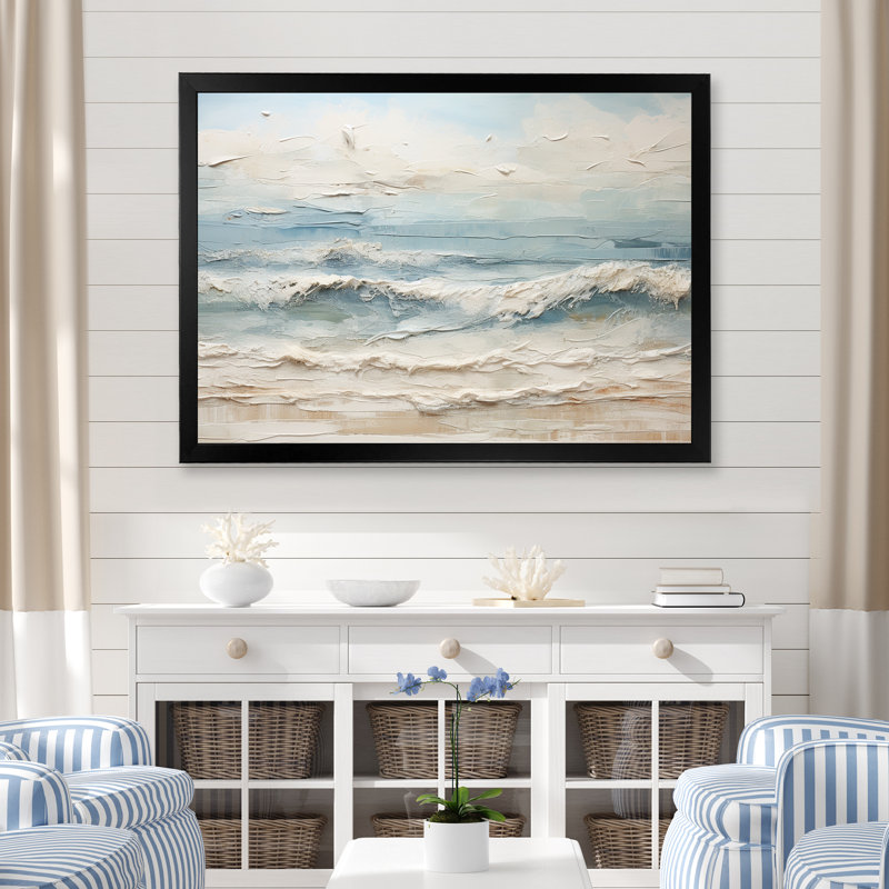 Peinture de plage côtière beige et bleue - Reproductions encadrées de plage côtière, H 34 po x l 44 po, Impression encadrée