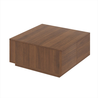 Brown-toned square coffee table with four drawers, ideal for compact living rooms and rustic spaces