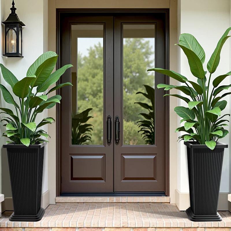 Tall Round Planter with Drainage Holes (Set of 2) for Indoor/Outdoor Use, Black