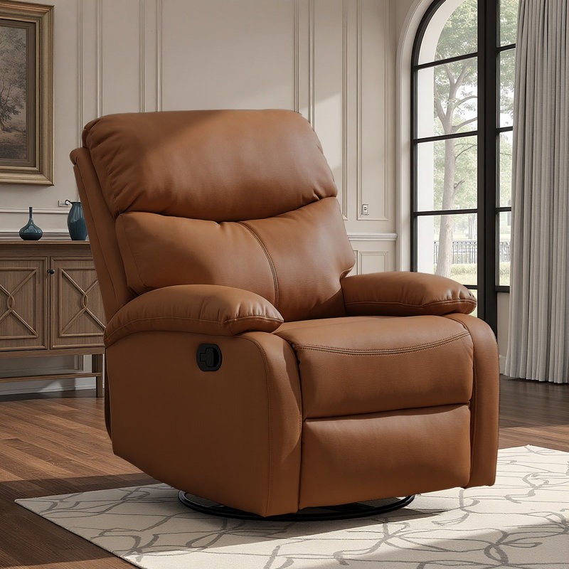 Top Grain Genuine Leather Recliner, Small Swivel Rocker Recliner Chair,manual Recliner Chair For Living Room, Bedroom, Home Theater,rv-Brown