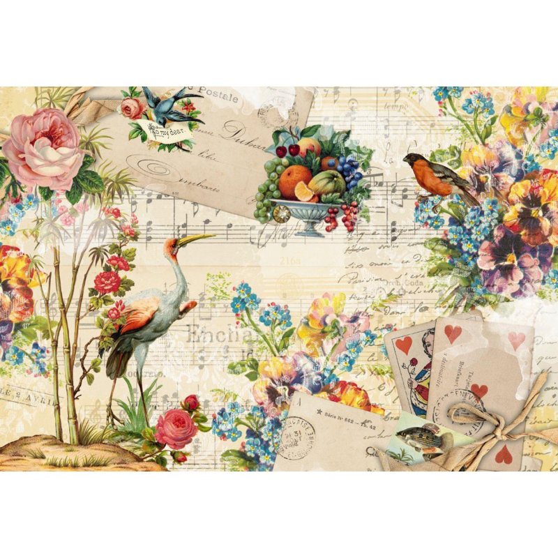 Panneau mural fleurs, oiseaux, fruits, cartes, L 8,4 pi x l 145,2 po