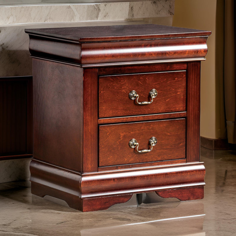 Ryla Nightstand, 2 Drawers, Cherry Brown Solid Wood, Bronze Drop Handles, Cherry Brown