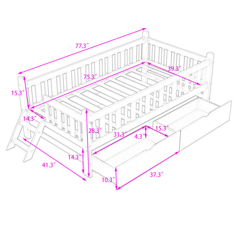 Lit plateforme simple en bois avec 2 tiroirs de rangement et garde-corps de sécurité, Blanc