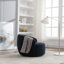 Fauteuil demi-tonneau avec accoudoirs pivotants en tissu Teddy et anneau en métal thermolaqué noir, bleu foncé