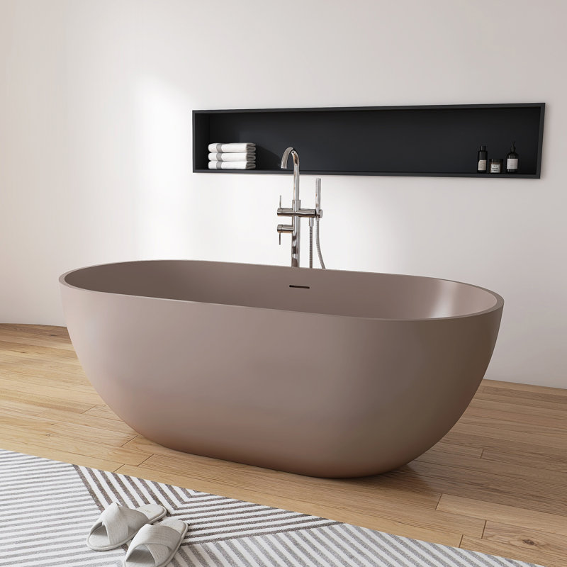 59" x 30" Freestanding Bathtub Solid  Surface Stone Resin Soaking Tub, Gray Coffee