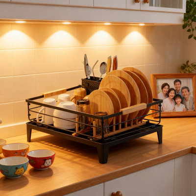 Automatic Drain Dish Drying Rack With Drainboard, Rustproof Kitchen Counter Organizer With Utensil Holder & 360° Rotatable Drainer
