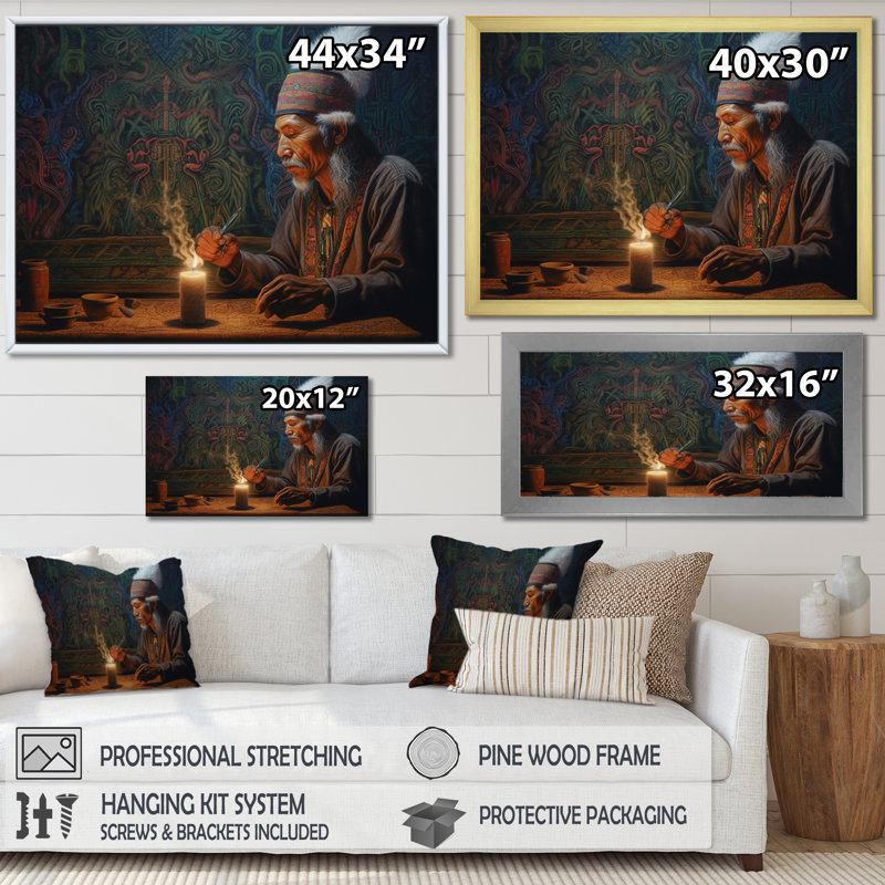 La sagesse du chaman I - reproduction sur toile, Cadre doré à une seule photo, H 34 po x l 44 po x P 1,5 po