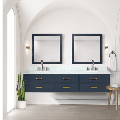 Design moderne 84 po X P 22 po Meuble-lavabo double D avec comptoir en marbre de Carrare, tiroirs et robinet