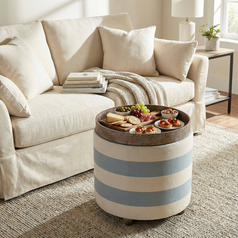 Repose-pieds avec rangement Kinkade, tissu rayé bleu et blanc, Similicuir rayé bleu et blanc