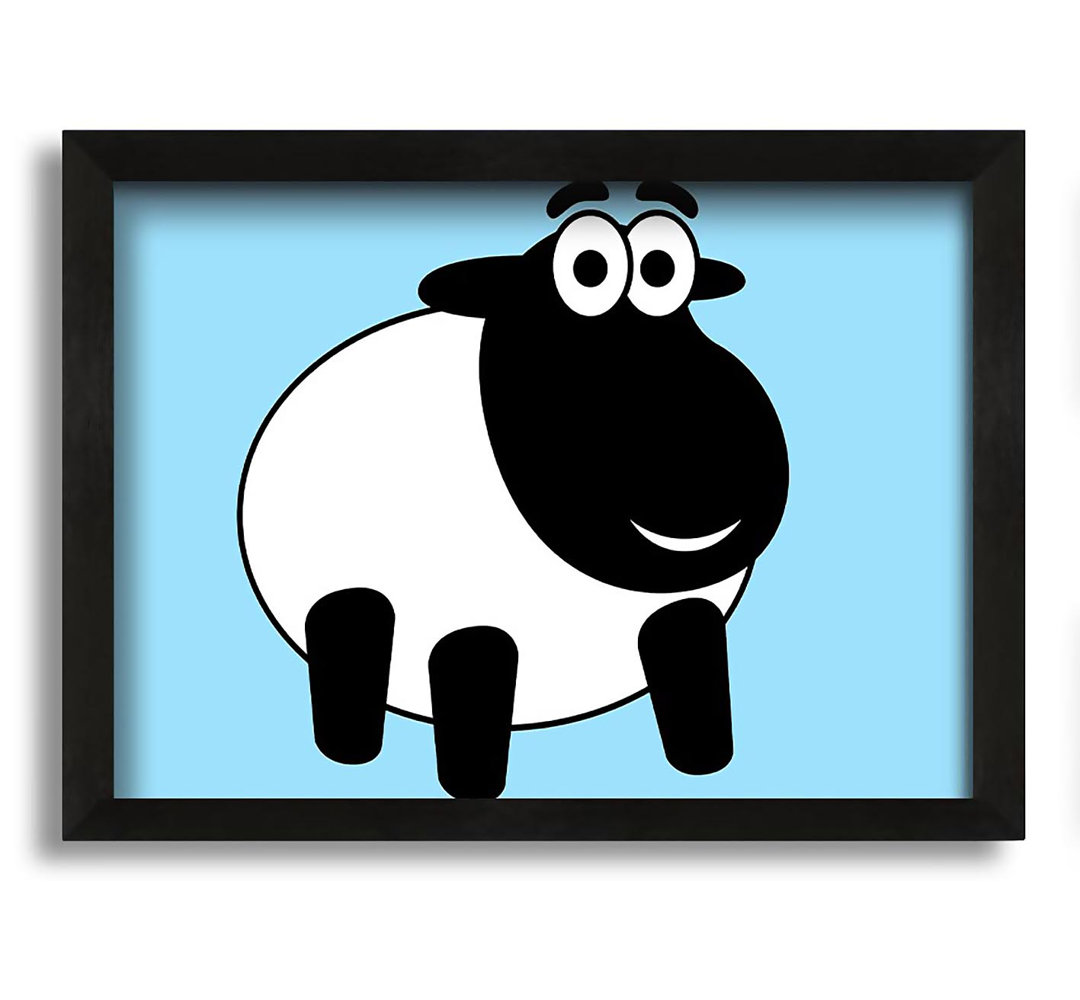 Gerahmtes Leinwandbild Happy Cartoon Sheep Bin Hellblau