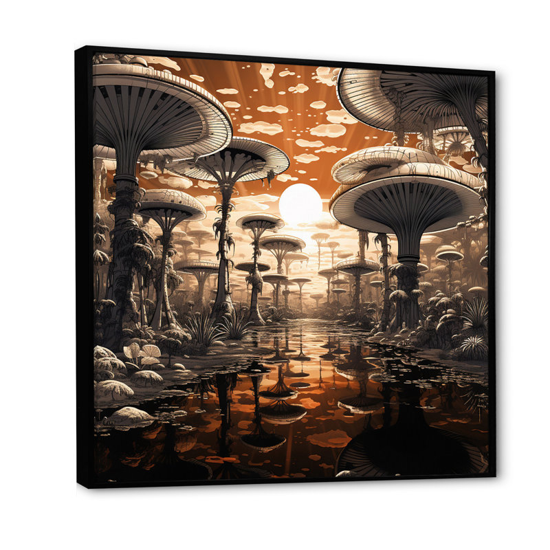 «Magic Mushroom Enchanted Forest Illustration» sur toile, Cadre flottant noir, H 30 po x l 30 po x P 1 po