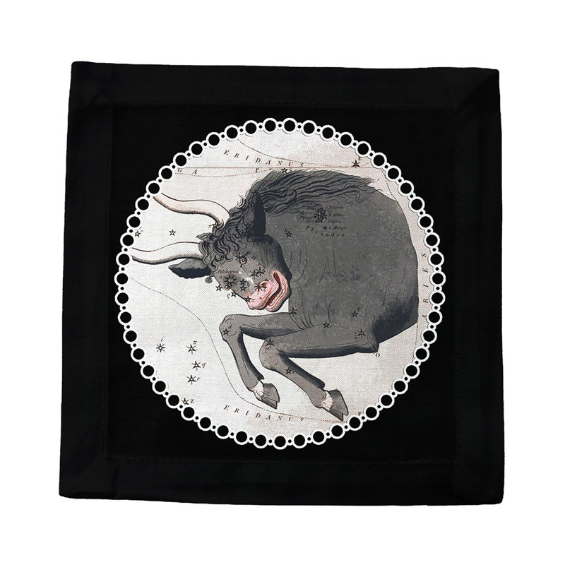 Zodiac Taurus Cotton Sateen Cocktail Napkins, Black