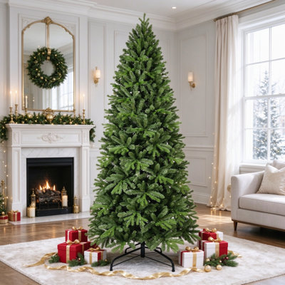 Arbre de Noël 6 pi 1032 pointes 300 lumières DEL blanc chaud PVC PE Branches mixtes Structure à charnières Installation facile Support en métal Support solide Décoration de vacances luxueuse pour la maison intérieure