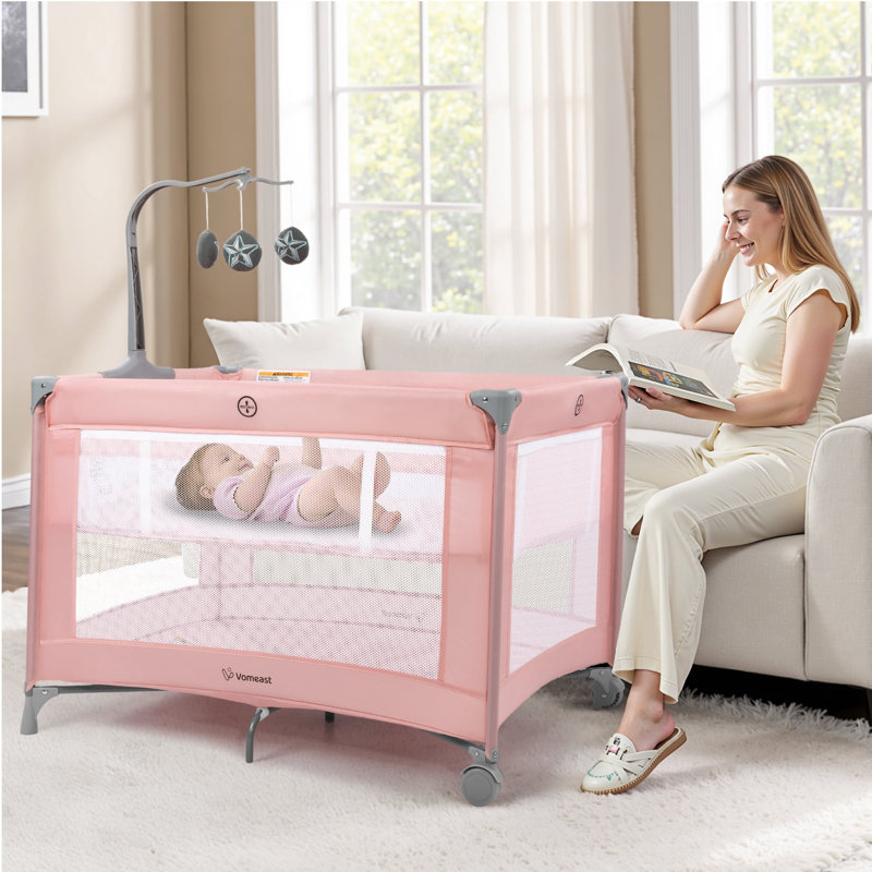 Parc pour bébé 2 en 1 avec berceau et bar à jouets, sac de voyage pliable, Rose