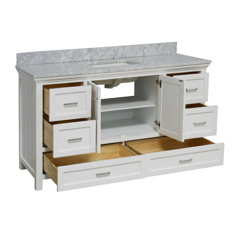 Ensemble de meuble-lavabo simple 60 po avec meuble blanc et comptoir en marbre de Carrare Maven, Blanc