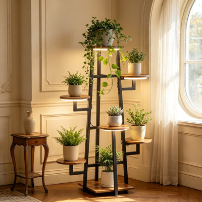 Support à plantes à 7 niveaux pour l'intérieur avec lumière de croissance pour plantes multiples, étagère de fleurs en coin rétro, conception robuste à plusieurs couches, présentation compacte pour le salon