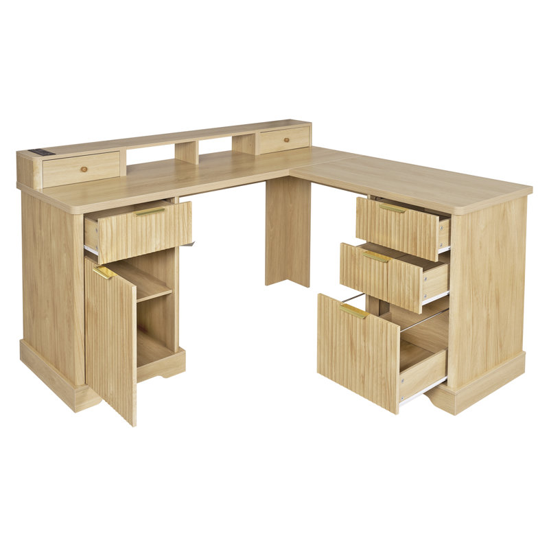 L-Shaped Desk with Charging Station And Monitor Stand, Brown