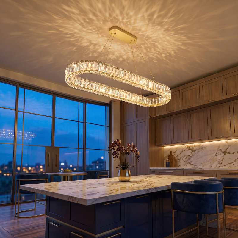 Modern Dimmable Crystal Led Long Chandelier, 40 inch, Gold