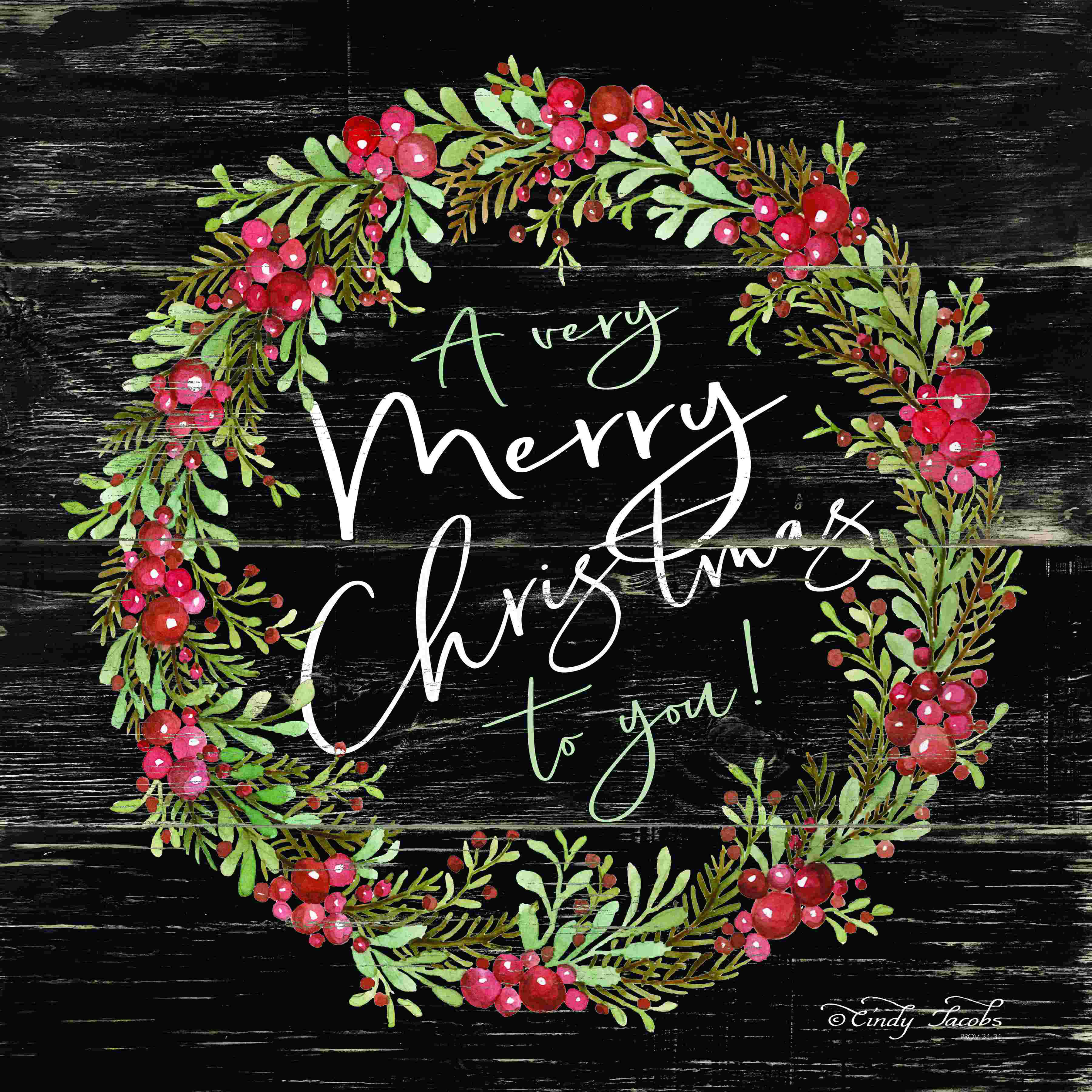 Framed Canvas Art (Champagne) - Merry Christmas Holly Wreath by Seven Trees Design (styles > Decorative Art > Holiday Décor > Christmas > Christmas