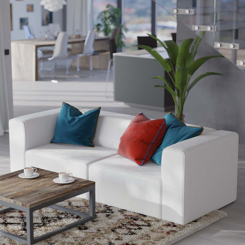 Mingle Vegan Leather 2-Piece Sectional Sofa Loveseat, White Faux Leather