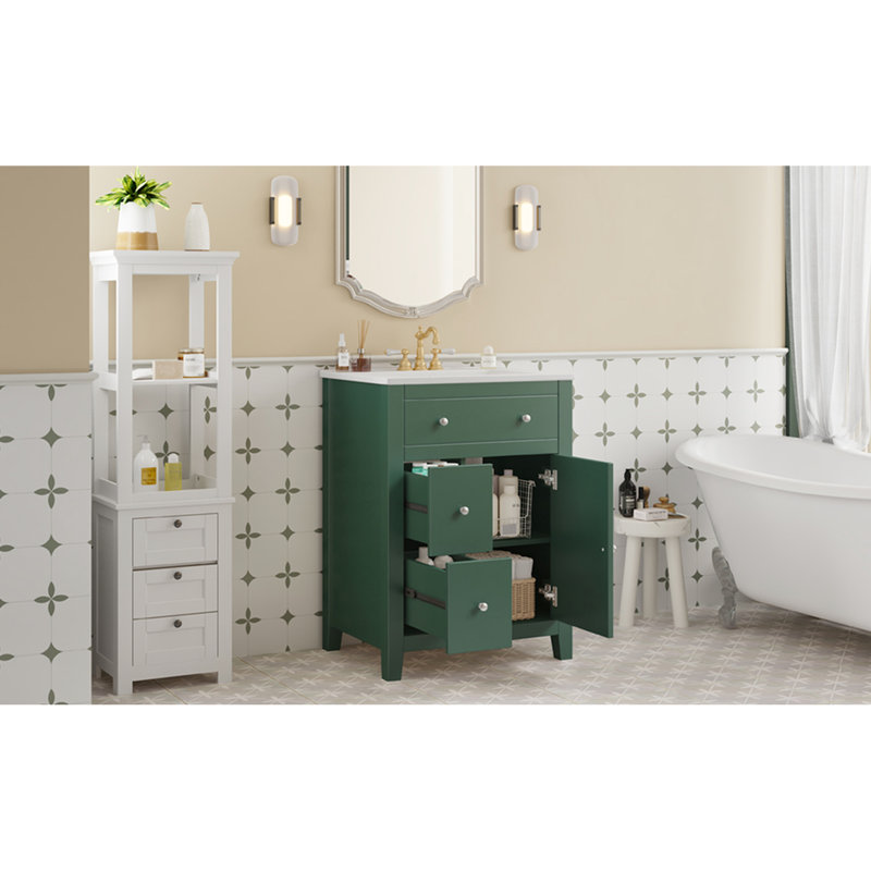 Meuble-lavabo de 24 po avec lavabo en céramique, charnières silencieuses, deux tiroirs et tablettes réglables pour le rangement en croix, poignées, salles de bain Smart Solutions