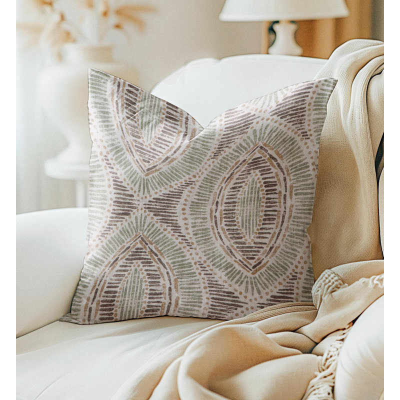 Coussin vert damassé géométrique brun, Rectangle H 11 po x l 19 po