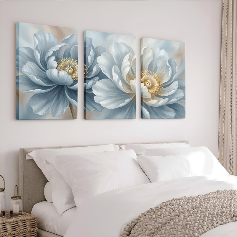 Ensemble de 3 tableaux sur toile tendue représentant des pivoines bleues, pour la décoration du salon et de la chambre.