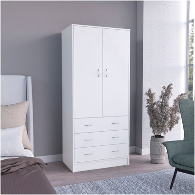 Armoire Taly avec portes doubles, 3 tiroirs et tringle suspendue blanc Taly
