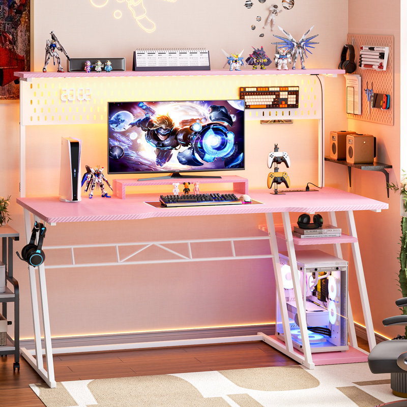 Gaming Computer Desk With Hutch And LED Lights, 55'' Gaming Desk With Storage Shelves, Reversible PC Gaming Desk With Pegboard, Ergonomic Desk For Bedroom, Carbon Fiber Surface