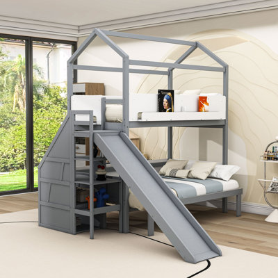 Twin over Twin/Full Bunk Bed with Convertible Lower Bed and Slide