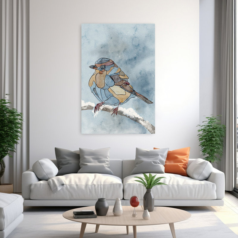 Petit oiseau dans un froid hivernal délicat, oiseau abstrait, paysage d'hiver, art mural, H 60 po x l 40 po