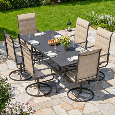 7-Piece Outdoor Swivel Patio Dining Sets, 360° Rotation Metal Frame Patio Chairs with Thickened Teslin Fabric, Armrest Outdoor Dining Chairs for Deck, Backyard