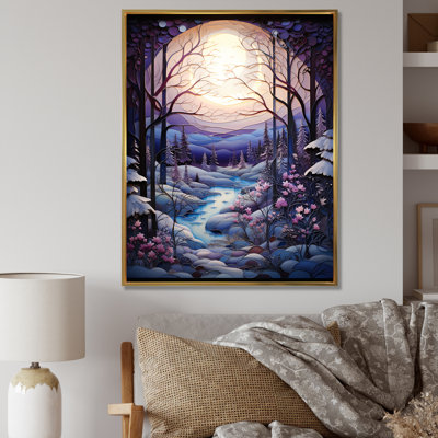 «Mauve Winter River Landscape Collage II», art mural paysage d'hiver