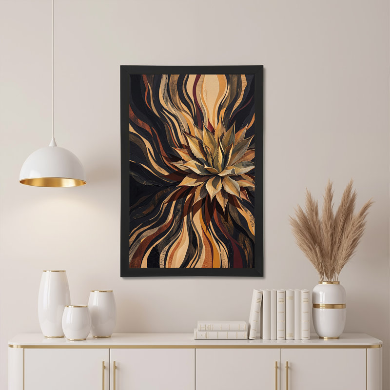 Agave, plante avec toile abstraite noire et dorée, art sur toile, H 30 po x l 20 po