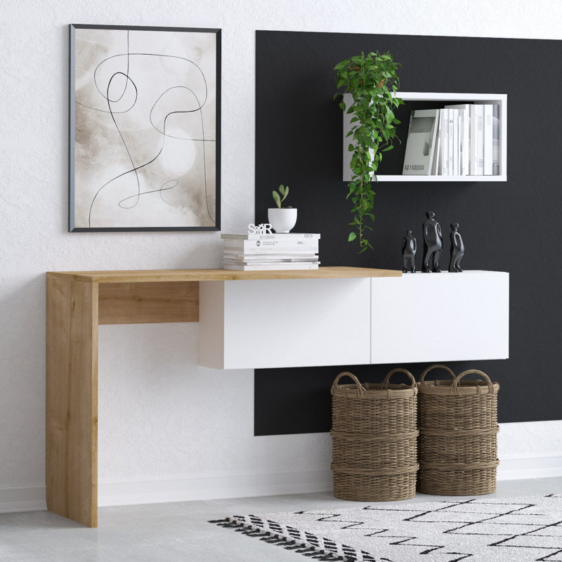 Bureau d'étude moderne avec tablette, blanc et chêne, 57,1 po x 29,1 po x 17,7 po | 100% panneau de particules enduit de mélamine, épaisseur: 0,7 pouce | Conception élégante et fonctionnelle pour le bureau personnel, parfaite pour les espaces d'étude, durable et facile à nettoyer