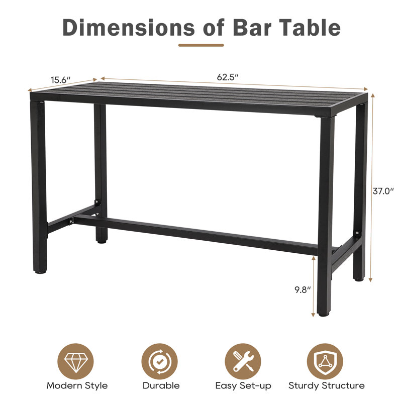 Table de bar d'extérieur rectangulaire en métal Lev Table, H 37 po x L 54,6 po x l 15,6 po